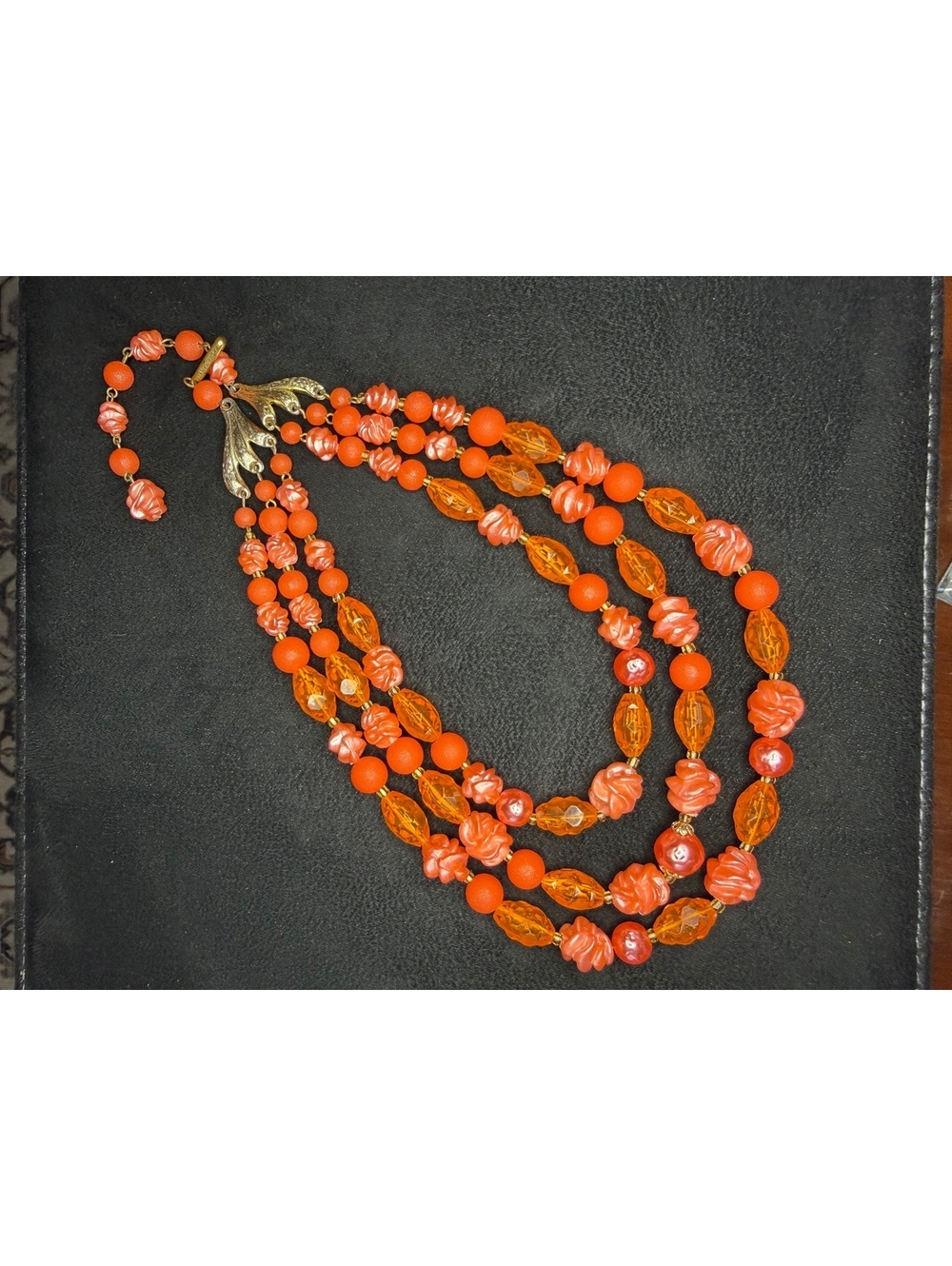 Vtg Mid Century Orange Bead Multi Strand Statement Necklace West Germany Style